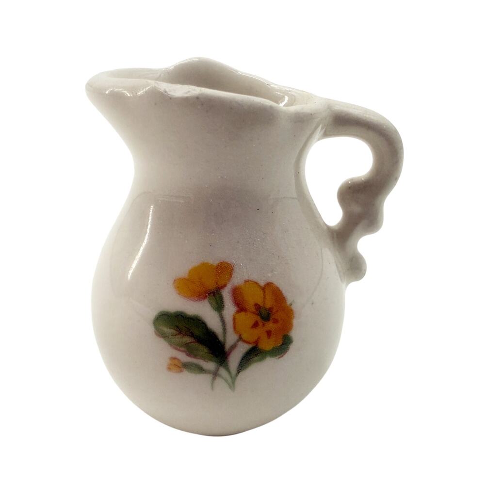 vintage miniature 2" white Pitcher handled jug mini art pottery yellow flowers